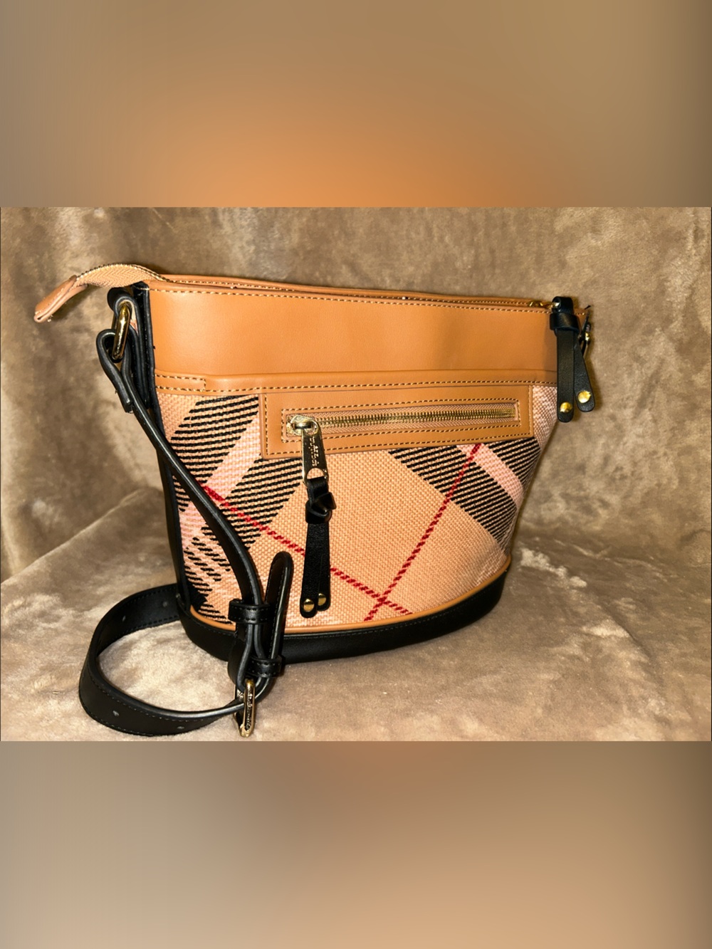 Spartina 449 Tan Nova Plaid Linen Leather Preppy Crossbody Bucket Tote Bag - Picture 4 of 16